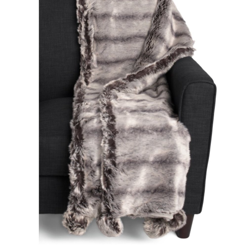 Rachel Zoe Frosted Gray Faux Fur Throw Blanket Pom Pom Trim Brown Luxury 50x60